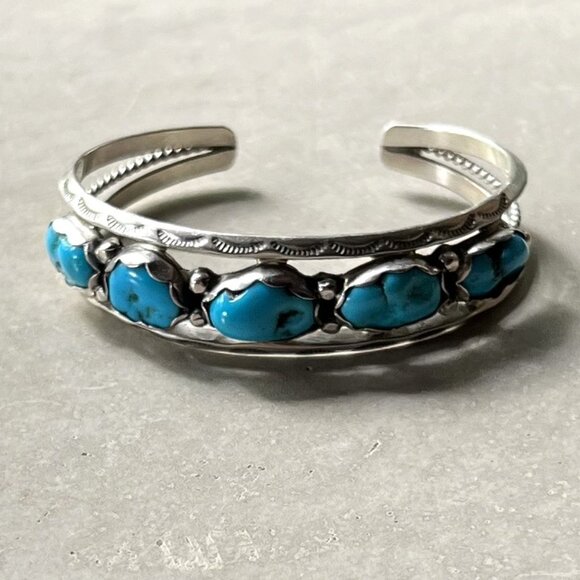 C. Yazzie Navajo Sterling Silver Open Cuff Bracelet with Five Turquoise Nuggets - Picture 1 of 10